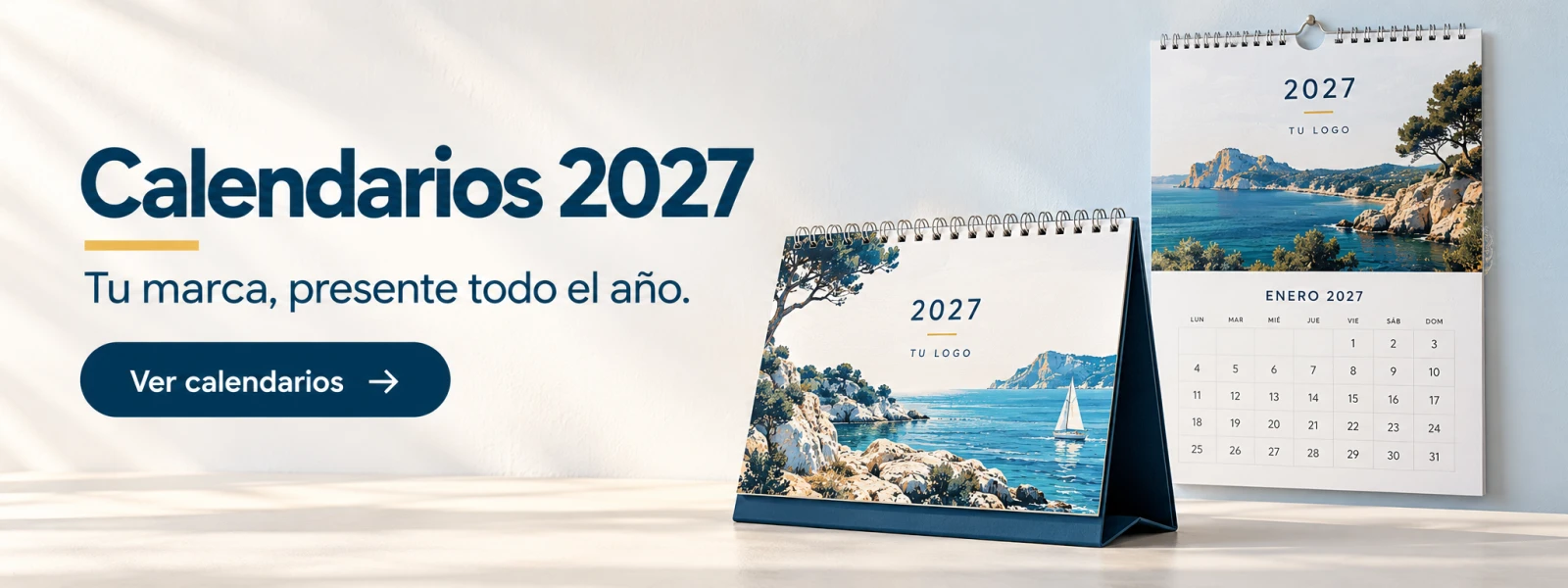 Calendarios 2027 personalizados de pared y sobremesa. Tu marca, presente todo el año. Ver calendarios.