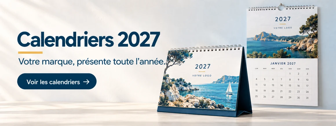 Calendriers personnalisés 2027 muraux et de bureau. Votre marque présente toute l’année. Voir les calendriers.
